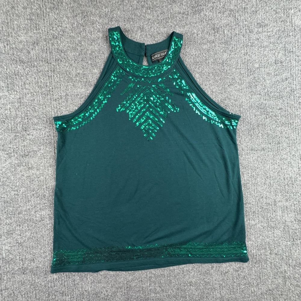 Almost Famous Tank Top Juniors Large Green Sequin Halter Sleeveless Party